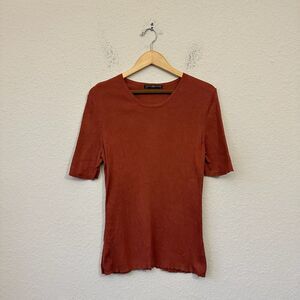 PERUVIAN CONNECTION Brown Knit Short Sleeve Top Round Neck
